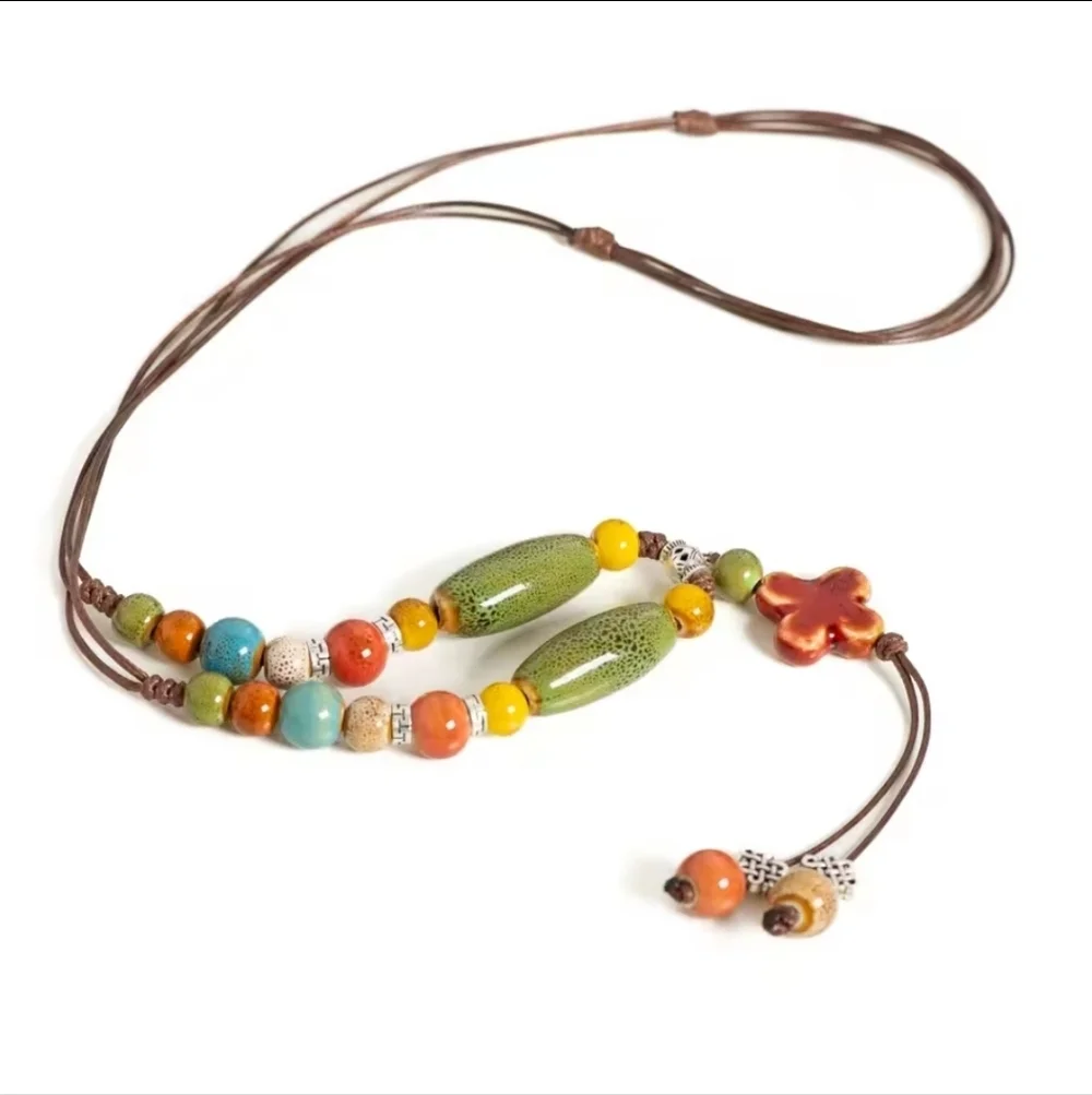 New! Earthy Ceramic Cross Necklace | Beaded Adjustable Wax Cord | (1035gh) NWOT